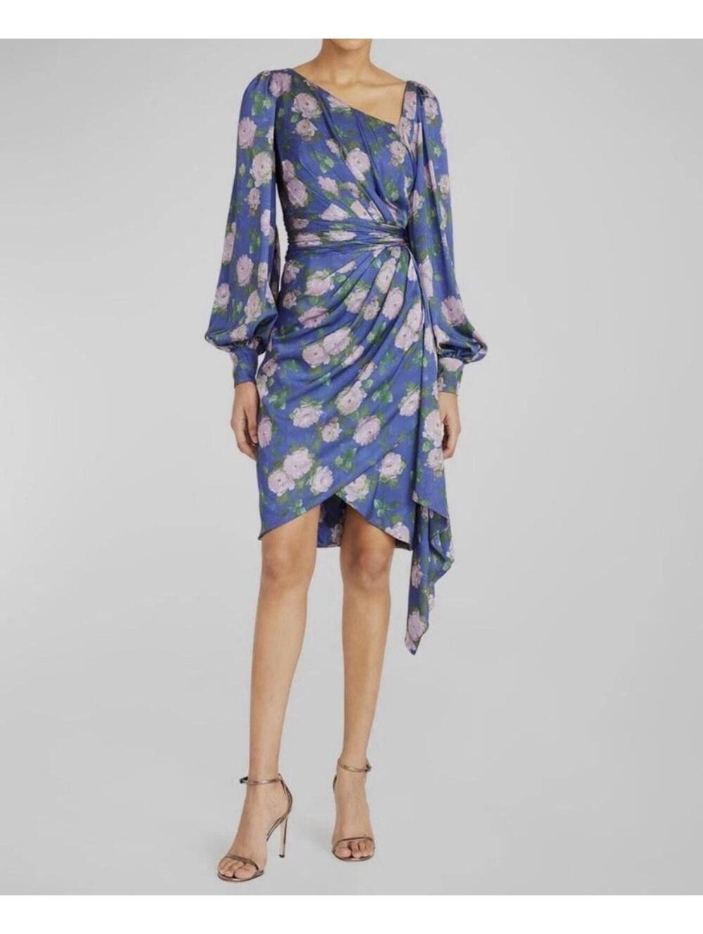 THEIA Claudia Asymmetric Dress Blue Floral Bishop Sleeve Ruched Cocktail Size 14